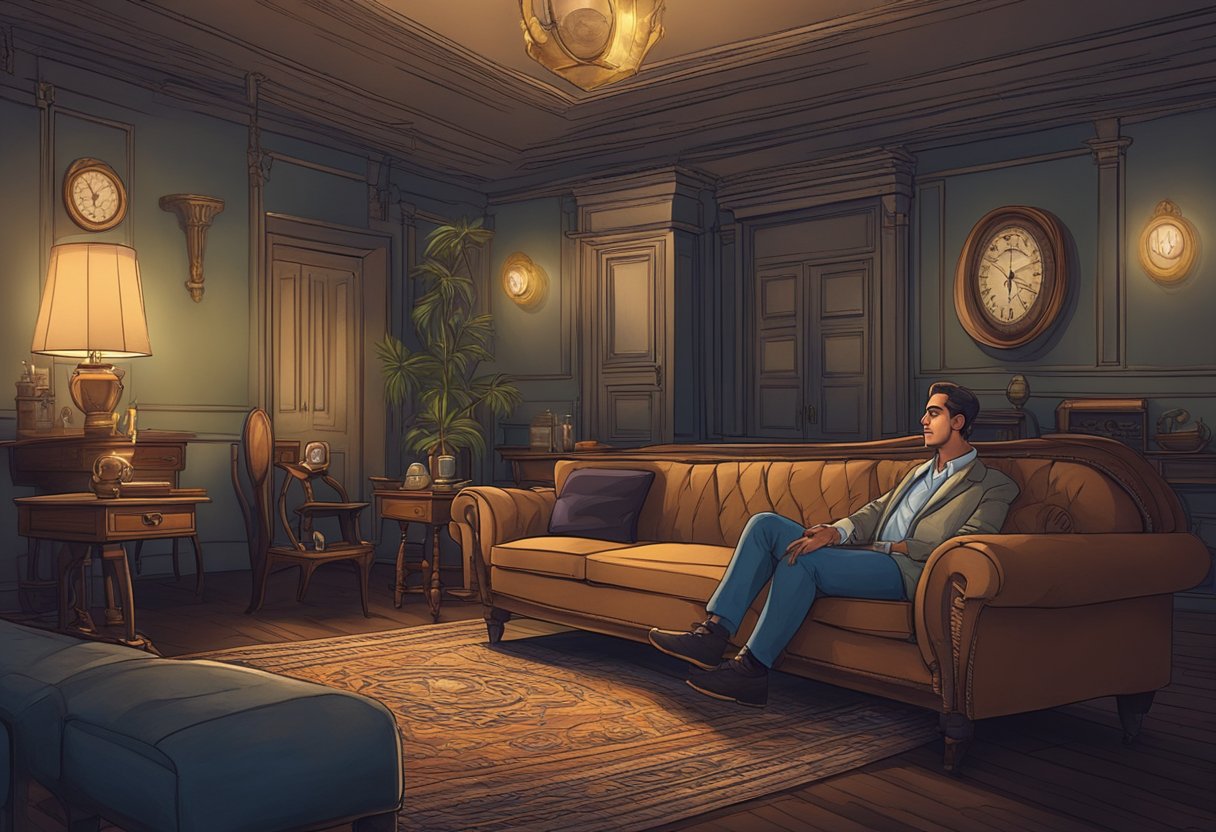 A person lies on a comfortable couch, surrounded by antique furniture and dim lighting. A hypnotist stands nearby, guiding the subject through a hypnotic regression session