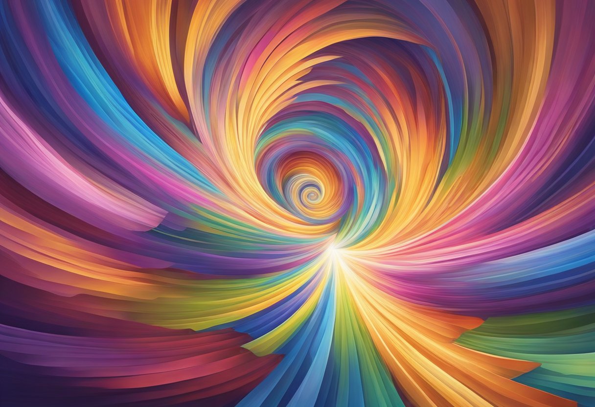 A swirling spiral of colors draws the viewer in, creating a sense of deep relaxation and focus. Rays of light emanate from the center, evoking a feeling of transcendence